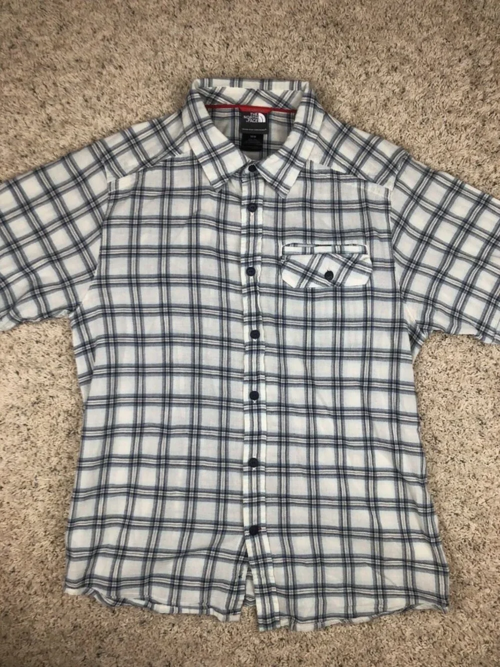 THE NORTH FACE Button Up Shirt Blue Plaid Short Sleeve Flannel Men's Size M